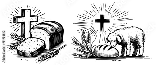 biblical and spiritual religious illustration of atributs, sacred scene related to faith and Christianity 
