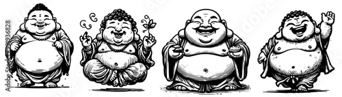 cheerful fat buddha in cartoon style minimalist black and white line art