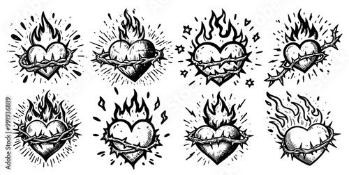 cartoon style flaming hearts with thorns in black and white vector collection