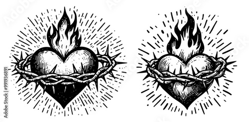 collection of flaming hearts with thorns in cartoon style black and white vector