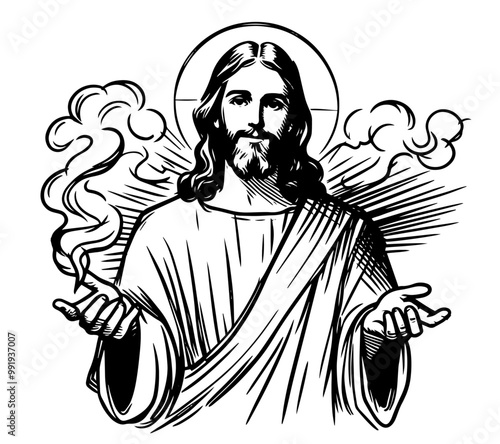 spiritual portrait of jesus christ in black and white line drawing