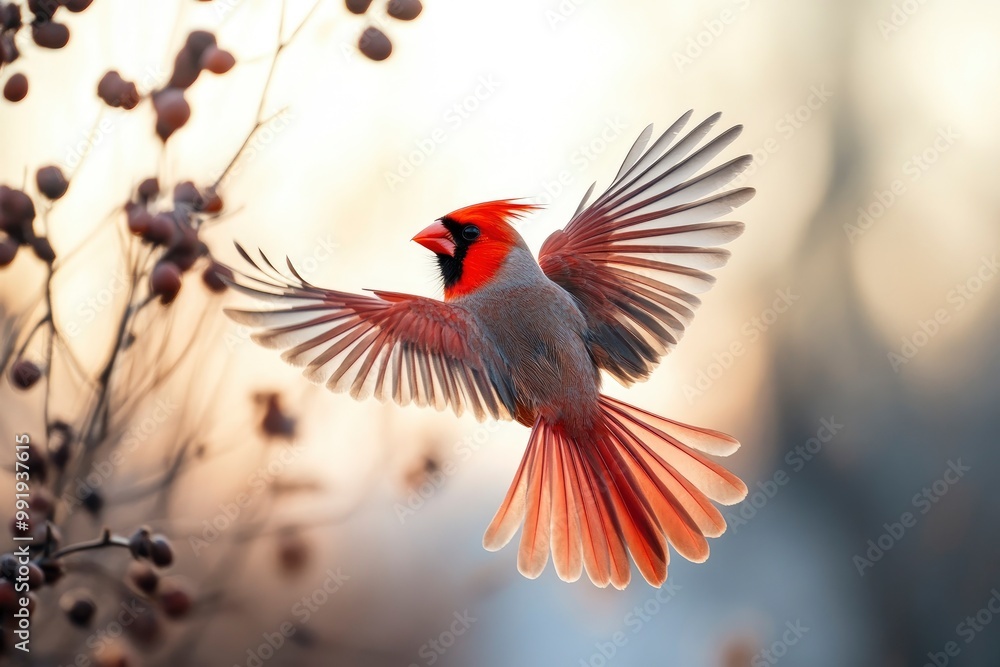 Obraz premium World Migratory Bird Day. Red-breasted cardinal (Carduelis carduelis). Migratory birds in flight against a blurred landscape during seasonal journey with generative ai