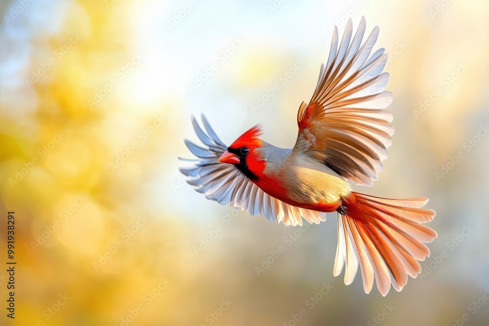 World Migratory Bird Day. Red-breasted cardinal (Carduelis carduelis). Migratory birds in flight against a blurred landscape during seasonal journey with generative ai World Migratory Bird Day. Red-breasted cardinal (Carduelis carduelis). Migratory birds in flight against a blurred landscape during seasonal journey with generative ai