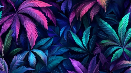 Leafy neon marijuana background seamless pattern