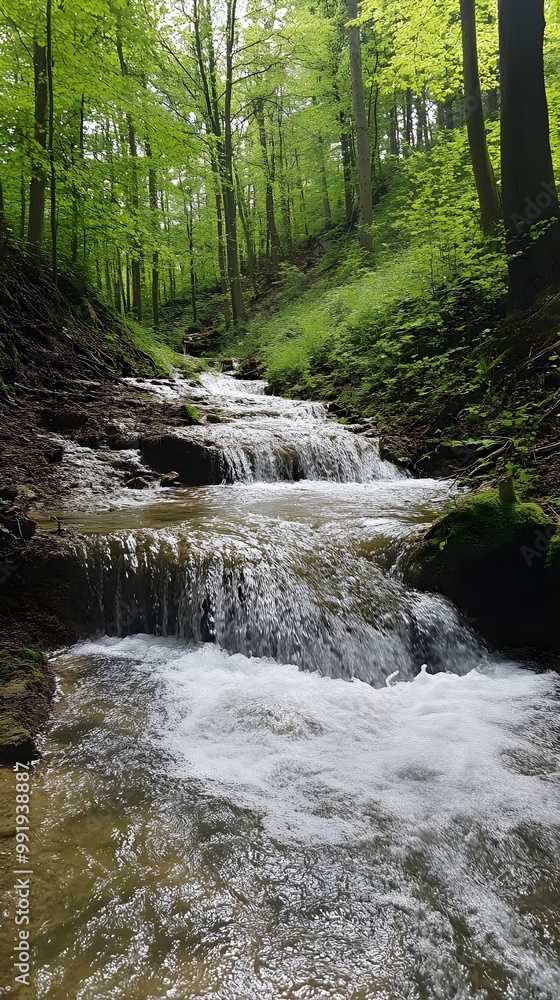 Obraz premium Trusetaler Waterfall shimmering under sunlight in forest backdrop image