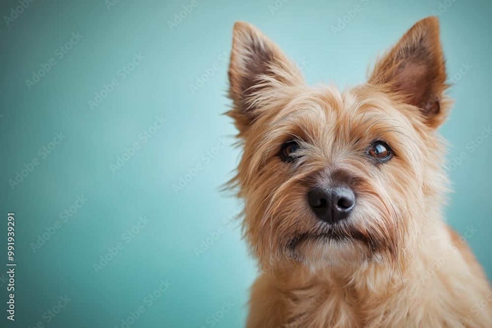 A close-up portrait photo of a cute terrier dog looking at the camera, isolated against a colourful background. A close-up portrait photo of a cute terrier dog looking at the camera, isolated against a colourful background.