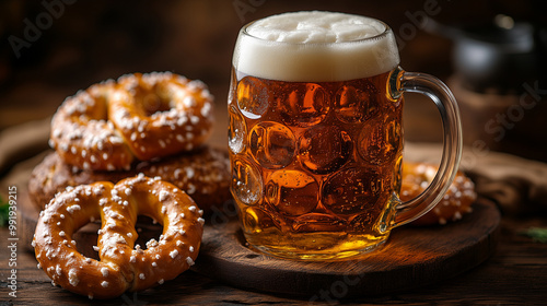 A close-up of a beer mug resting on a wooden table next to a traditional Bavarian hat and a pretzel. photo