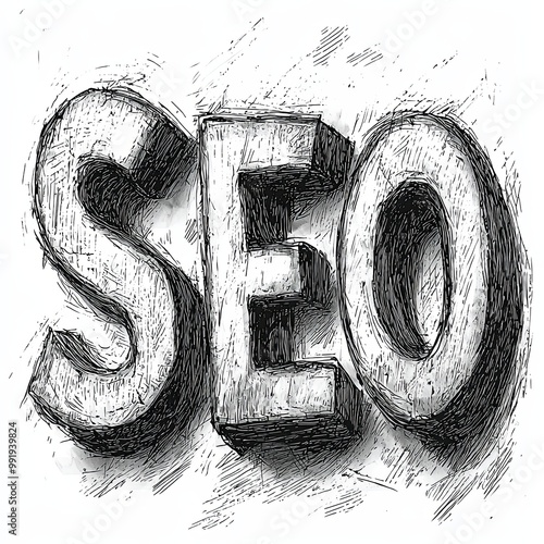 A bold 'SEO' text displayed in a monochrome sketch style, highlighting the importance of search engine optimization in a clear and visually striking manner. photo