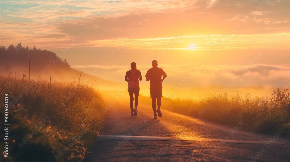 couple waking up early to go for a run, the sun rising behind them couple waking up early to go for a run, the sun rising behind them