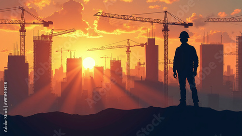 Silhouette of Construction Worker at Sunrise/Sunset