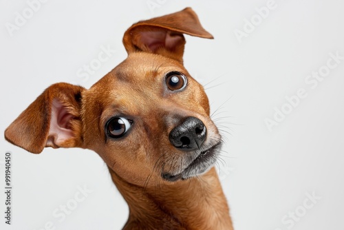 A close-up portrait photo of a cute terrier dog looking at the camera, isolated against a colourful background.