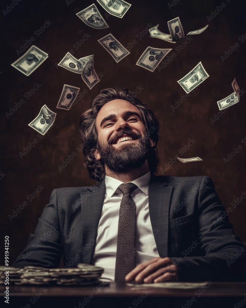 Happy businessman enjoying financial success in a dark office with money flying around Happy businessman enjoying financial success in a dark office with money flying around