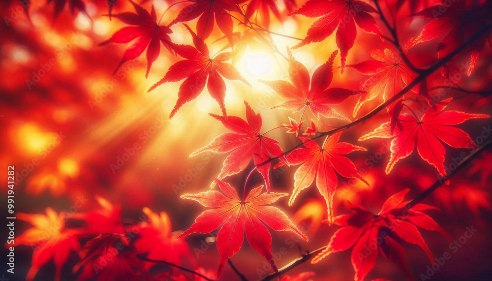 Close-Up of Red Maple Leaves with Sunlight Close-Up of Red Maple Leaves with Sunlight