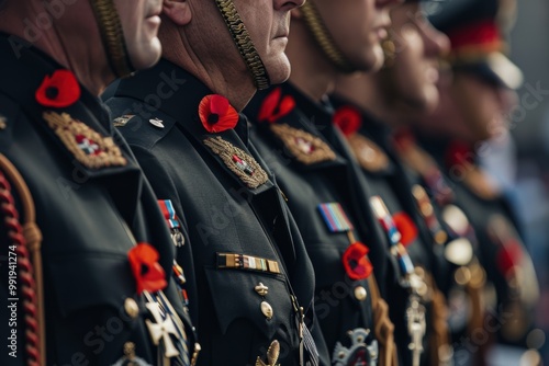 Remembrance Day Ceremony: Military Personnel in Uniform with Medals and Poppies Displayed photo