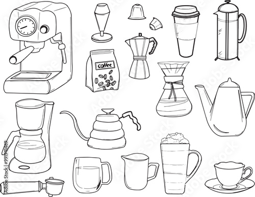 Ensemble illustration café trait noir machine à café tasse cafetière grains capsule vecteur