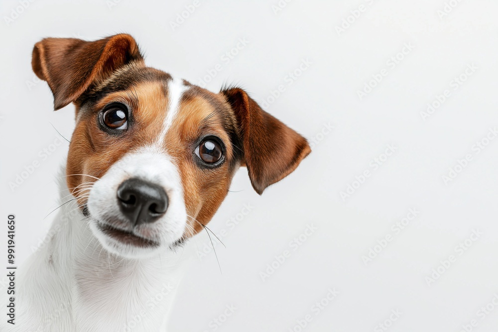 A close-up portrait photo of a cute terrier dog looking at the camera, isolated against a colourful background. A close-up portrait photo of a cute terrier dog looking at the camera, isolated against a colourful background.