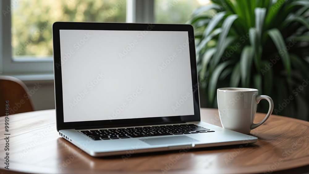 Laptop with Blank Screen on Wooden Table Laptop with Blank Screen on Wooden Table