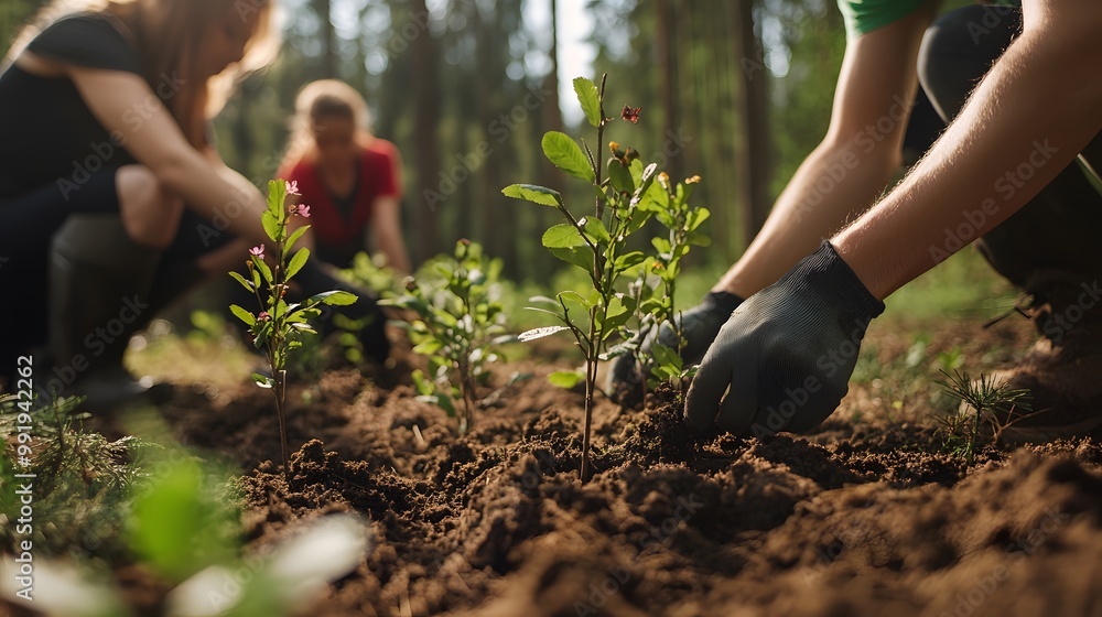 In the foreground, we see some people planting young trees in brown soil with green leaves and small flowers on them In the foreground, we see some people planting young trees in brown soil with green leaves and small flowers on them