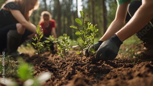 In the foreground, we see some people planting young trees in brown soil with green leaves and small flowers on them