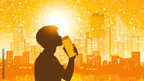 A person drinking water from the water bottle symbolizes hydration and drinking water, yellow abstract illustration photo