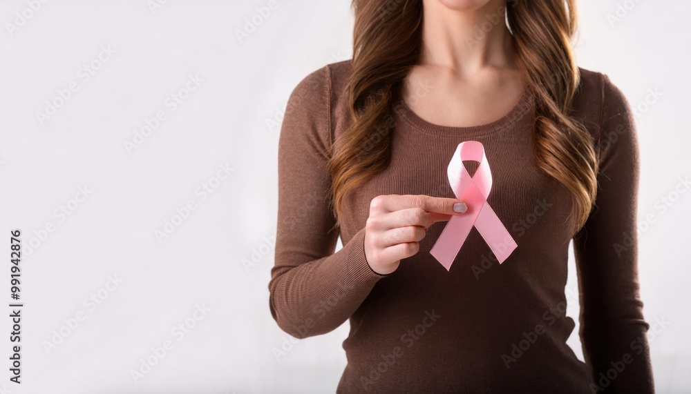 Strong Support Woman Holding Pink Ribbon – A Symbol of Breast Cancer Awareness Strong Support Woman Holding Pink Ribbon – A Symbol of Breast Cancer Awareness