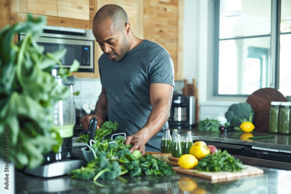 Man Making Healthy Green Smoothie in Modern Kitchen with Fresh Ingredients for Balanced Diet Concept Man Making Healthy Green Smoothie in Modern Kitchen with Fresh Ingredients for Balanced Diet Concept