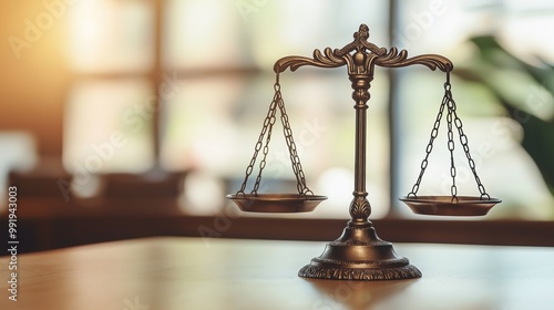 Bronze legal scales on a judge's desk in a courtroom