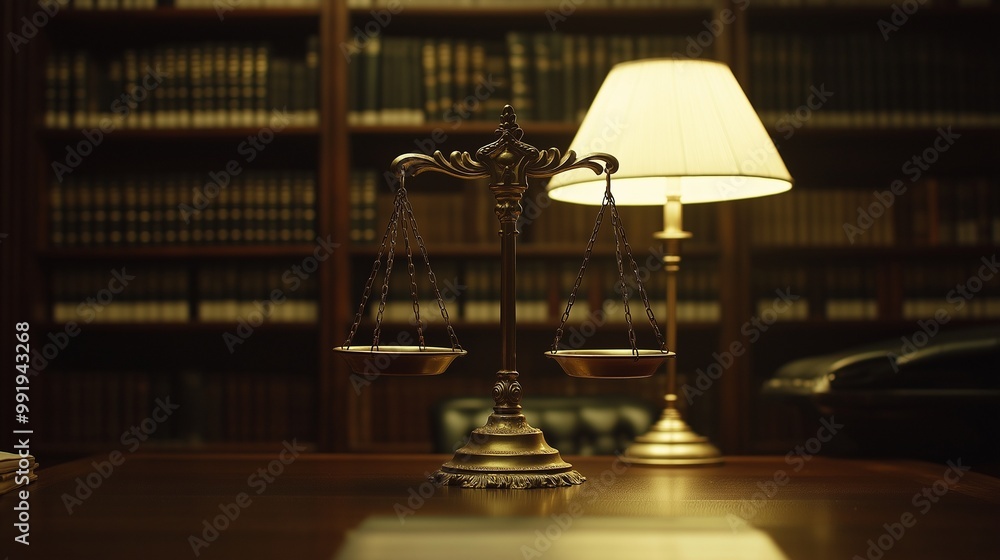 Bronze legal scales on a judge's desk in a courtroom Bronze legal scales on a judge's desk in a courtroom