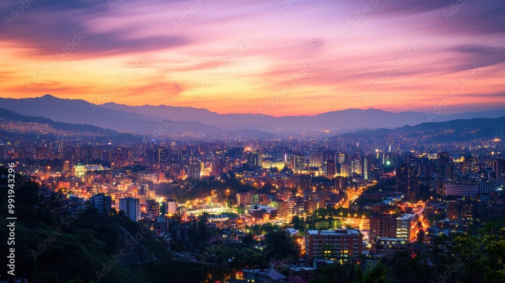 Fototapeta premium A wide-angle view at twilight with vibrant city buildings in the foreground, glowing lights emanating from the structures