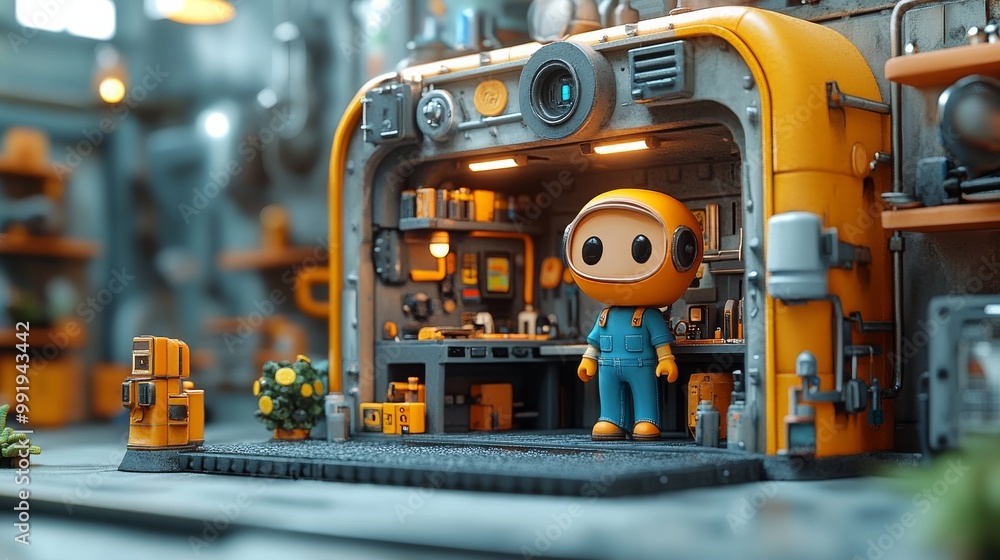 A whimsical glimpse into a futuristic robot workshop, where a small humanoid robot oversees a vibrant, high-tech workspace filled with intricate machinery and tools. A whimsical glimpse into a futuristic robot workshop, where a small humanoid robot oversees a vibrant, high-tech workspace filled with intricate machinery and tools.