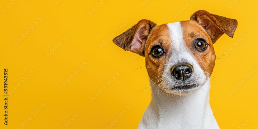 A close-up portrait photo of a cute terrier dog looking at the camera, isolated against a colourful background. A close-up portrait photo of a cute terrier dog looking at the camera, isolated against a colourful background.