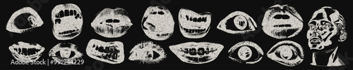 Various eyes, mouth, head with retro stippled dots, photocopy effect for grunge collage design. Cool y2k pop art style negative monochrome dotted halftone stippled crazy elements. Vector illustration