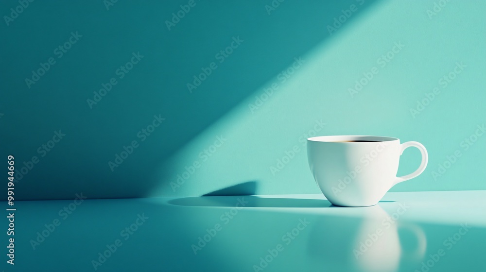 White coffee mug on a turquoise surface with sunlight.
