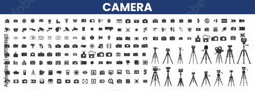 Camera icon set, camera stand set, photography set of icons. line art camera icon.