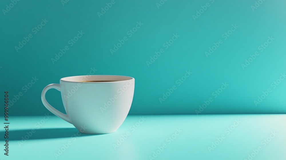 White coffee mug on a turquoise table, with a turquoise background. White coffee mug on a turquoise table, with a turquoise background.