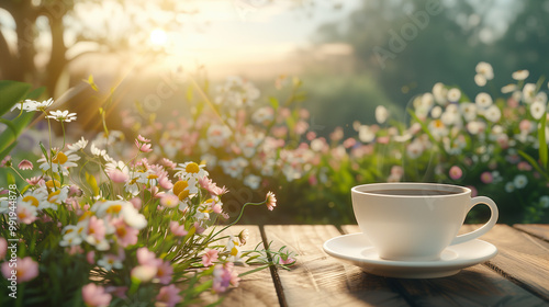 White cup of tea or coffee on wooden table and bouquet of daisies against blurred garden full of sunlight. Country life, garden party and natural beauty themes