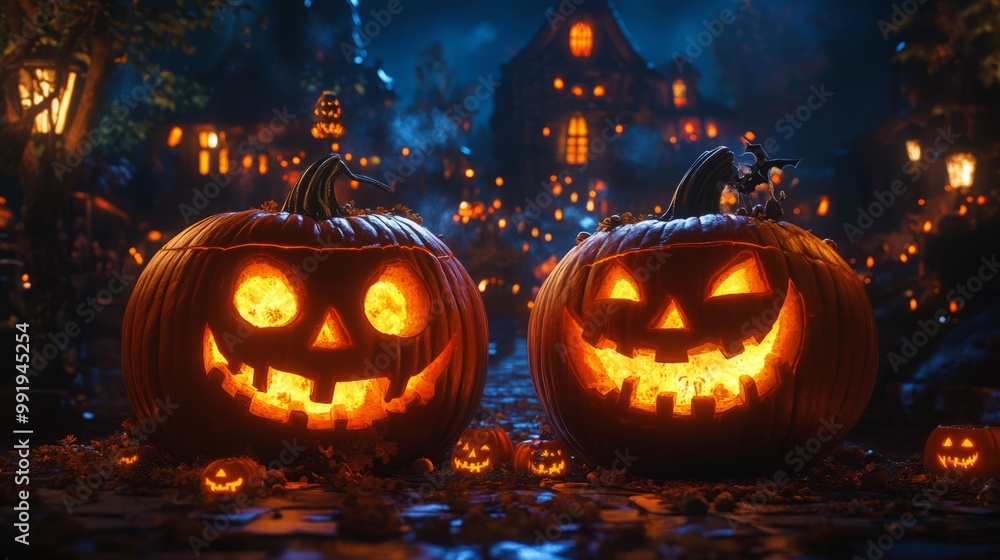 Scary AI-generated Halloween jack-o-lanterns are depicted against the background of a spooky city Scary AI-generated Halloween jack-o-lanterns are depicted against the background of a spooky city