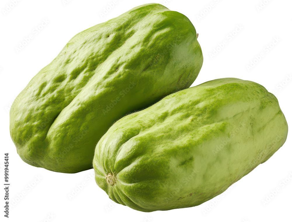 Two wrinkled green chayote squashes. Glossy surface, irregular shape. Transparent background. Two wrinkled green chayote squashes. Glossy surface, irregular shape. Transparent background.