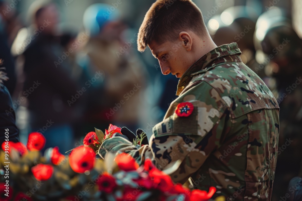 Obraz premium Soldier Placing Poppy Wreath at War Memorial Ceremony Honoring Fallen Heroes, Solemn Act in Focus