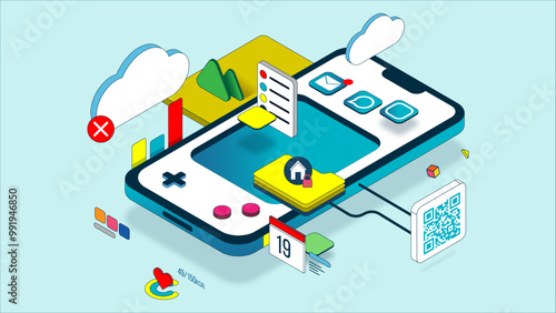 A simple isometric illustration about all the the functions, which operated with a smartphone 