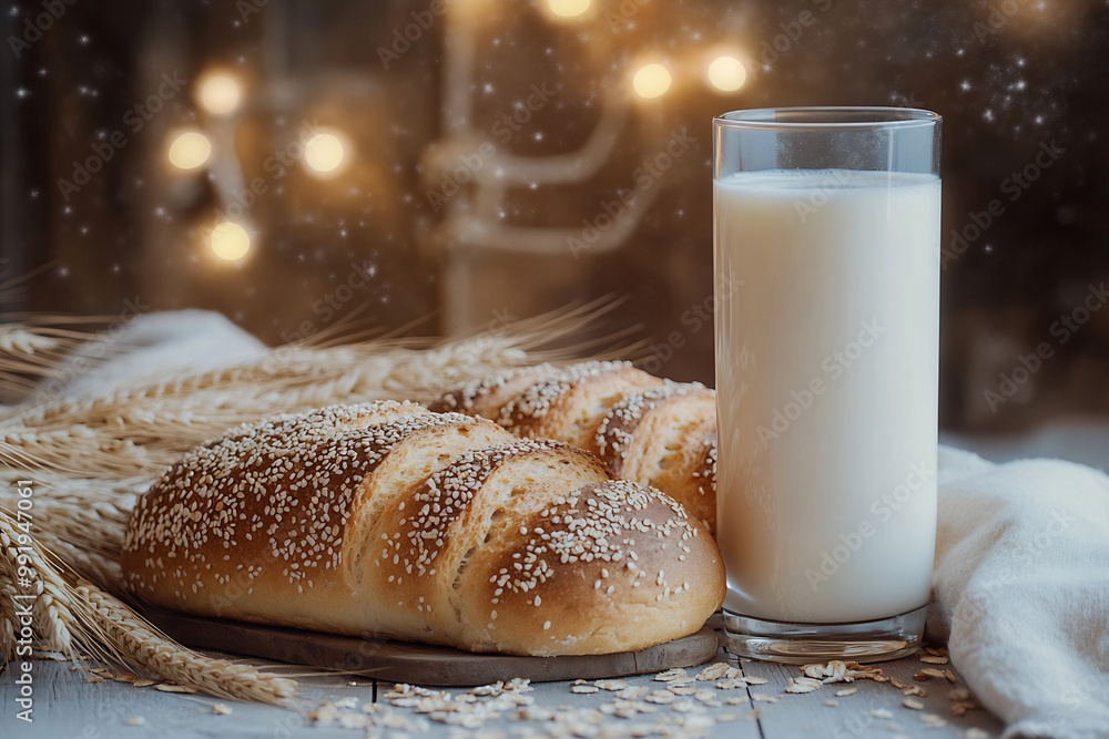 Freshly baked sesame bread with a glass of milk, evoking a wholesome and rustic breakfast setting Freshly baked sesame bread with a glass of milk, evoking a wholesome and rustic breakfast setting