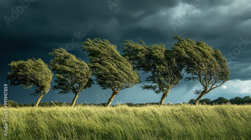 Trees bending in the wind as a storm approaches, with the sky darkening above photo