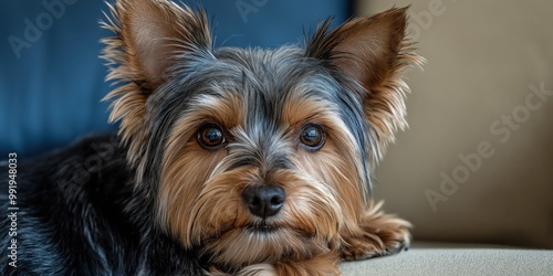 A close-up portrait photo of a cute terrier dog looking at the camera, isolated against a blurred background.