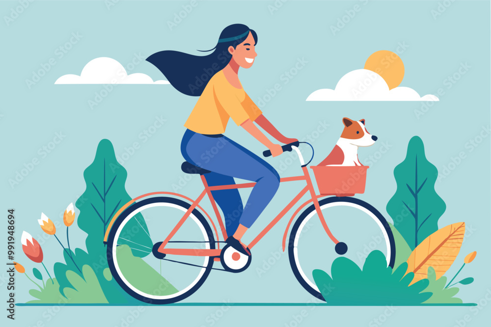 Young woman riding a bike with her dog seating in the basket. Flat vector illustration Young woman riding a bike with her dog seating in the basket. Flat vector illustration