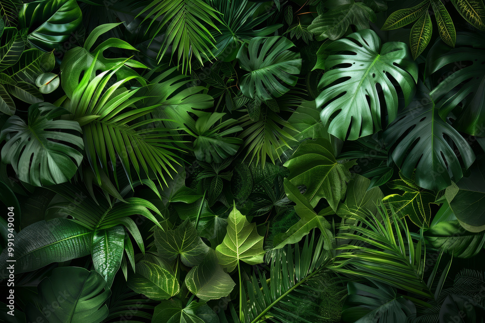 A lush green jungle with many leaves and vines A lush green jungle with many leaves and vines