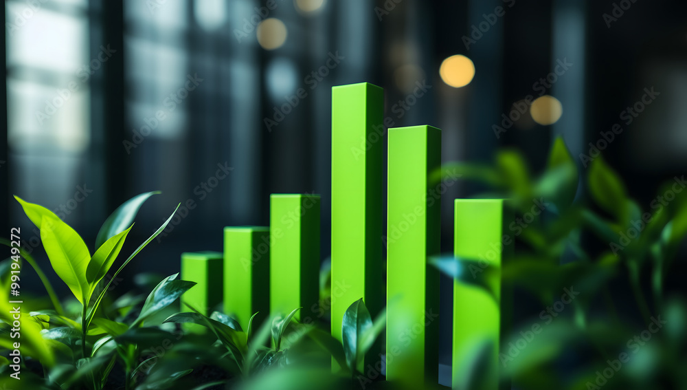 Digital green stock market chart with an upward-trending bar graph Digital green stock market chart with an upward-trending bar graph