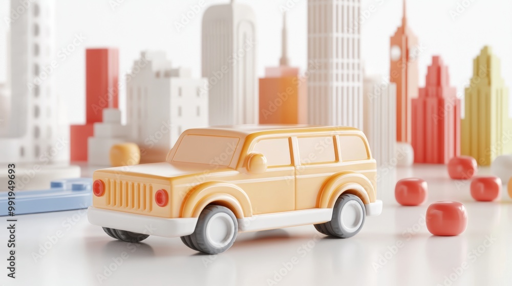 A Colorful Toy SUV Positioned Against a Detailed Cityscape Background Featuring Bright Elements A Colorful Toy SUV Positioned Against a Detailed Cityscape Background Featuring Bright Elements