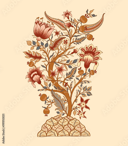 Mughal tree decorative ornamental floral. Vintage intricate traditional mughal style with flowers and foliage.