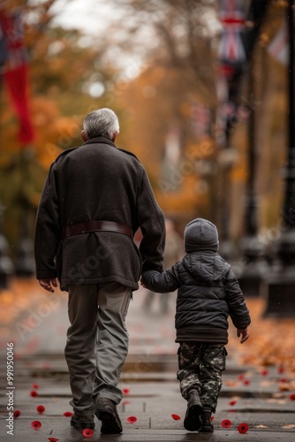 Intergenerational Connection on Remembrance Day - Boy and Grandfather Walking Hand in Hand Toward Memorial