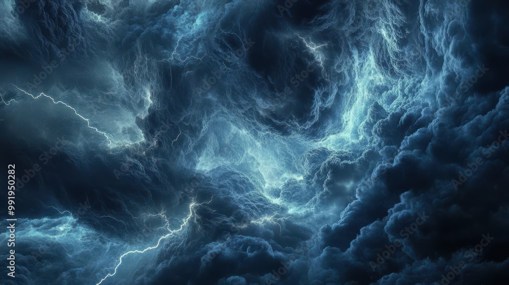 Fototapeta premium A close-up of storm clouds swirling overhead, with flashes of lightning illuminating the sky